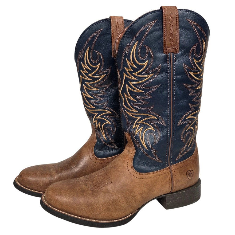 Ariat Sport Horseman Western Boots Mens 12D Brown Navy Leather Rafter 10021699